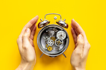 Macro detail of watch mechanism with gears and wheels closeup