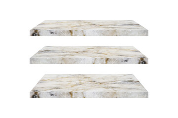 three perspective  marble stone shelves isolated on white background with clipping path for interior and display show products. studio room, exhibition