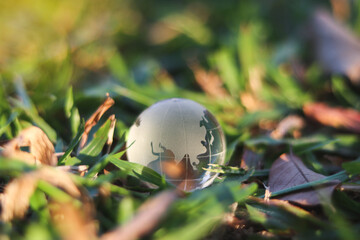 Earth on green grass on sunlight, Love and Save the World for the Next Generation concept, Earth day concept.