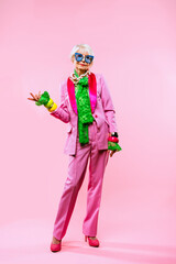 Cool and stylish senior old woman with fashionable clothes - obrazy, fototapety, plakaty
