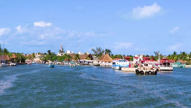 Panorama landscape view on beautiful Holbox island turquoise water Mexico.
