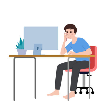 A man sits stressed at his desk because he can't figure out what to do about his work. A guy feeling confuse and have no idea with his job future.