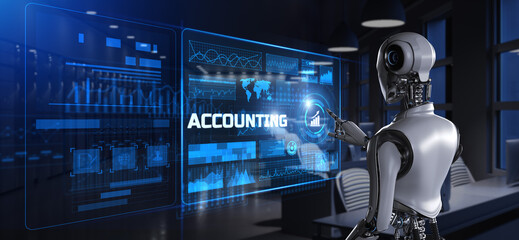 Accounting business process automation RPA concept. Robot pressing button on screen 3d render.