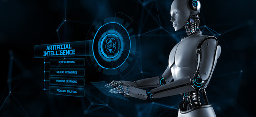 AI artificial intelligence machine learning robotic automation. Robot pressing button 3d render.
