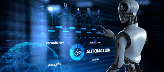 Robotic business process workflow Automation RPA. Robot pressing button on screen 3d render. - obrazy, fototapety, plakaty