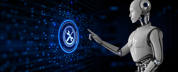 Support customer service automation. Robot pressing button on screen 3d render.