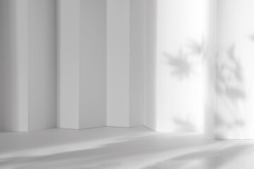 Abstract white 3d studio background for cosmetic product presentation. Empty grey room with shadows of window. Display product with blurred backdrop.