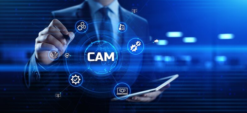CAM Computer-aided manufacturing software system. Businessman pressing button on screen.