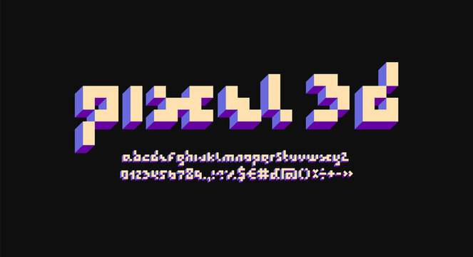 3D Pixel font, trendy mosaic alphabet or typeface, bold letters and number set made in voxel style