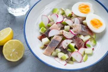Salad with herring fillet, chopped radish and apple, chicken egg. Horizontal shot, middle close-up, selective focus