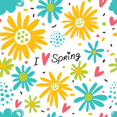 Seamless pattern with sun, clouds, flowers, hearts and polka dots.
