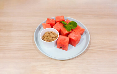 Watermelon with sweet dried fish crispy shallot dip. Ancient food of Thailand for the summer. Thaifoodmaster.