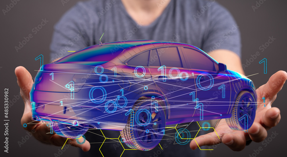 Poster electric car icon from lines, triangles and particle style