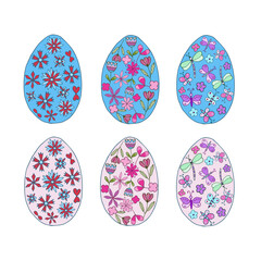 Cute eggs and flowers for easter design. Doodle style. Hand-drawn design for print, invitations and greeting cards.