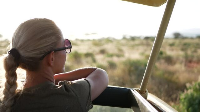 Africa Safari wildlife view Blonde lady Woman girl from a car jeep drive on a safari adventure trip in Masai Mara park Kenya savana tsavo west tanzania