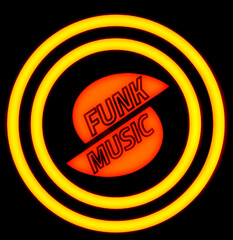 Funk music logo design,with neon light effect,that dominated 70’s night life,a vintage,nostalgic feel with dynamic colour!