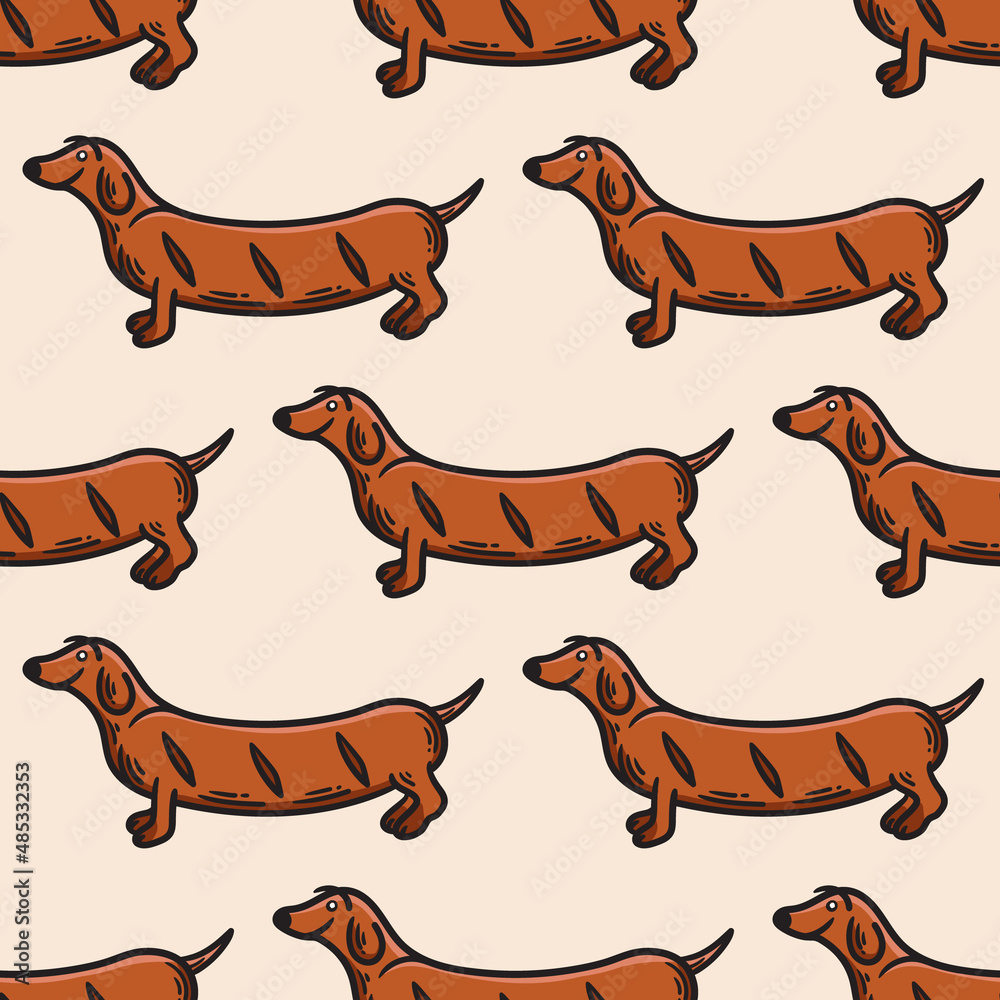 Wall mural seamless pattern of a dog with a sausage body on fire