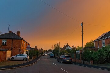 Dramatic sunset on a suburban road in the UK