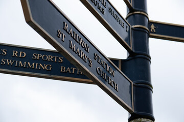 A signpost in Melton Mowbray, Leicestershire