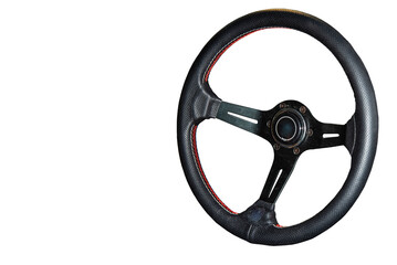 Car steering wheel, leather covered, button technology isolated on white background.