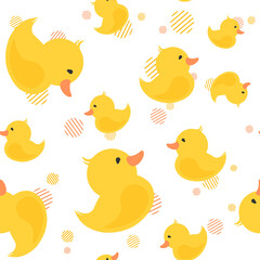 Vector seamless pattern with several little ducks and decorative graphic elements on a white background. Childish illustration for card or fabric design . Duck for the bathroom. Simple flat icon.