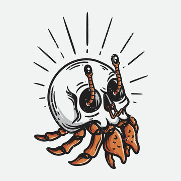 vintage style skull shell hermit crab illustration