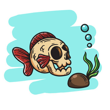 illustration of fish with skull swimming on the seabed