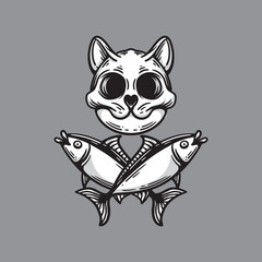 illustration of cat skull with tuna fish