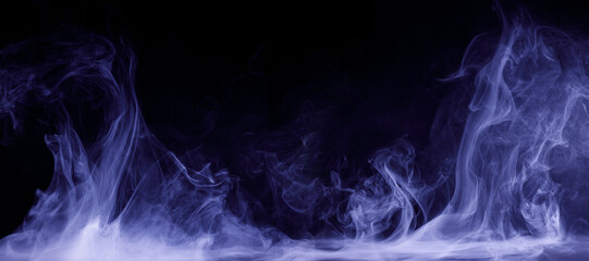 Panoramic view of the abstract fog. White cloudiness, mist or smog moves on black background. Beautiful swirling gray smoke. Mockup for your logo. Wide angle horizontal wallpaper or web banner.