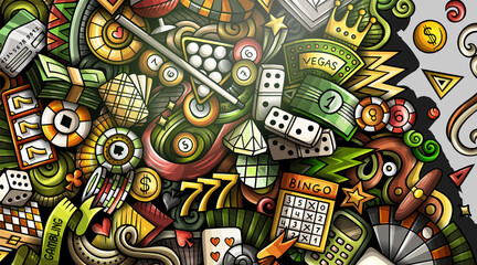 Casino hand drawn doodle banner. Cartoon vector detailed flyer.