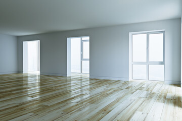 Obraz premium Empty room interior 3d model with parquet floor and white walls 