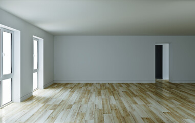 Empty room interior 3d model with parquet floor and white walls 