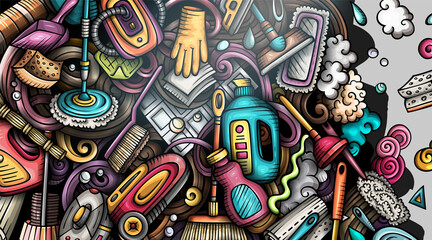 Obraz premium Cleaning hand drawn doodle banner. Cartoon vector detailed flyer.