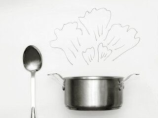 Saucepan and large stainless steel soup spoon on a white background. Boiling pot. Funny picture with drawn steam.