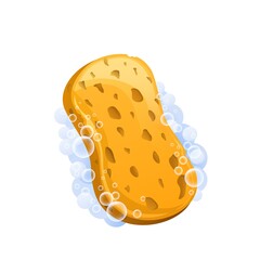 Sponge with foam bubbles. Yellow porous body and dishwashing equipment all purpose cleaning tool vector.