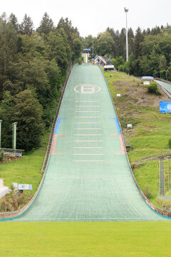 Bischofshofen, Austria - August 5, 2020: Ski jumping venue Paul-Ausserleitner-Schanze during summer. It is one of the more important venues in the FIS Ski jumping World Cup.