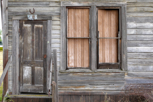 Detail of wooden facade of abandoned house, Antelope, Oregon, USA