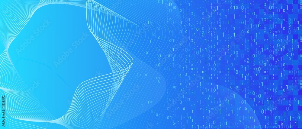 Poster abstract blue digital background. wavy lines with running code from numbers and geometric polygonal 