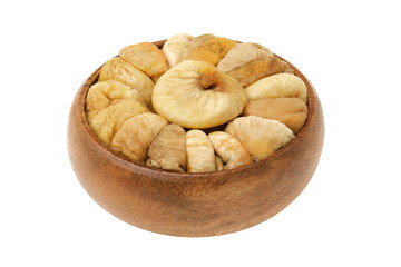 Close up of dried figs. Wooden bowl of dried figs fruits, isolated on white.
