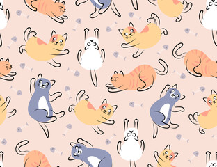 CUTE CATS IN SOME DIFFERENT POSES AND COLORS FLAT SEAMLESS PATTERN. PREMIUM VECTOR.