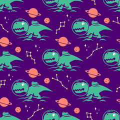 Obraz premium GREEN DINOSAUR IN SPACE FLAT SEAMLESS PATTERN. PREMIUM VECTOR.