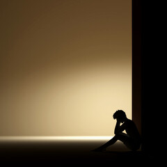 sad man sitting in a room where the light shines on the walls, 3D rendering