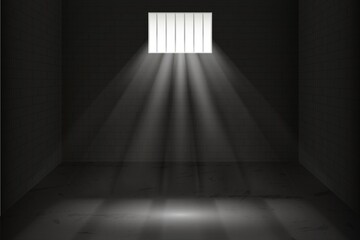 Empty prison room template. Lattice window illuminates blank black space and vector brick walls with incidents of light.