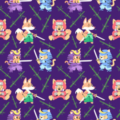 Obraz premium CUTE ANIMAL IN JAPANESE SAMURAI AND NINJA COSTUME FLAT SEAMLESS PATTERN. PREMIUM VECTOR.