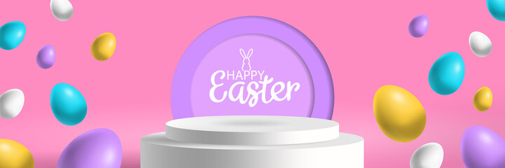happy easter 3d scene presentation with cylinder podium and flying eggs vector illustration