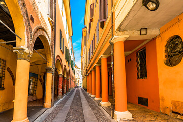 Arcade in the historical city center of Bologna, Italy