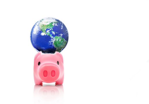 Global world on top of Piggy Bank on White Background, World saving day and save the best earth for future generation concept, Elements of this image furnished by NASA