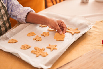 Little multiracial child girl putting cookies at the baking sheet while baking at the modern kitchen