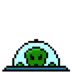 8 bit pixel flying saucer. UFO, aliens. isolated object. Vector illustration. White background