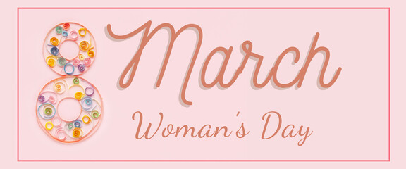 Card March 8 on a pink background. International Women's Day greeting card.